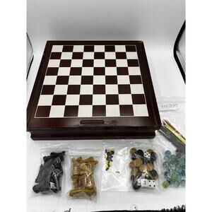 15-in-1 Wood Game Set Chess Checkers Backgammon Mancala Chinese Checkers AS IS